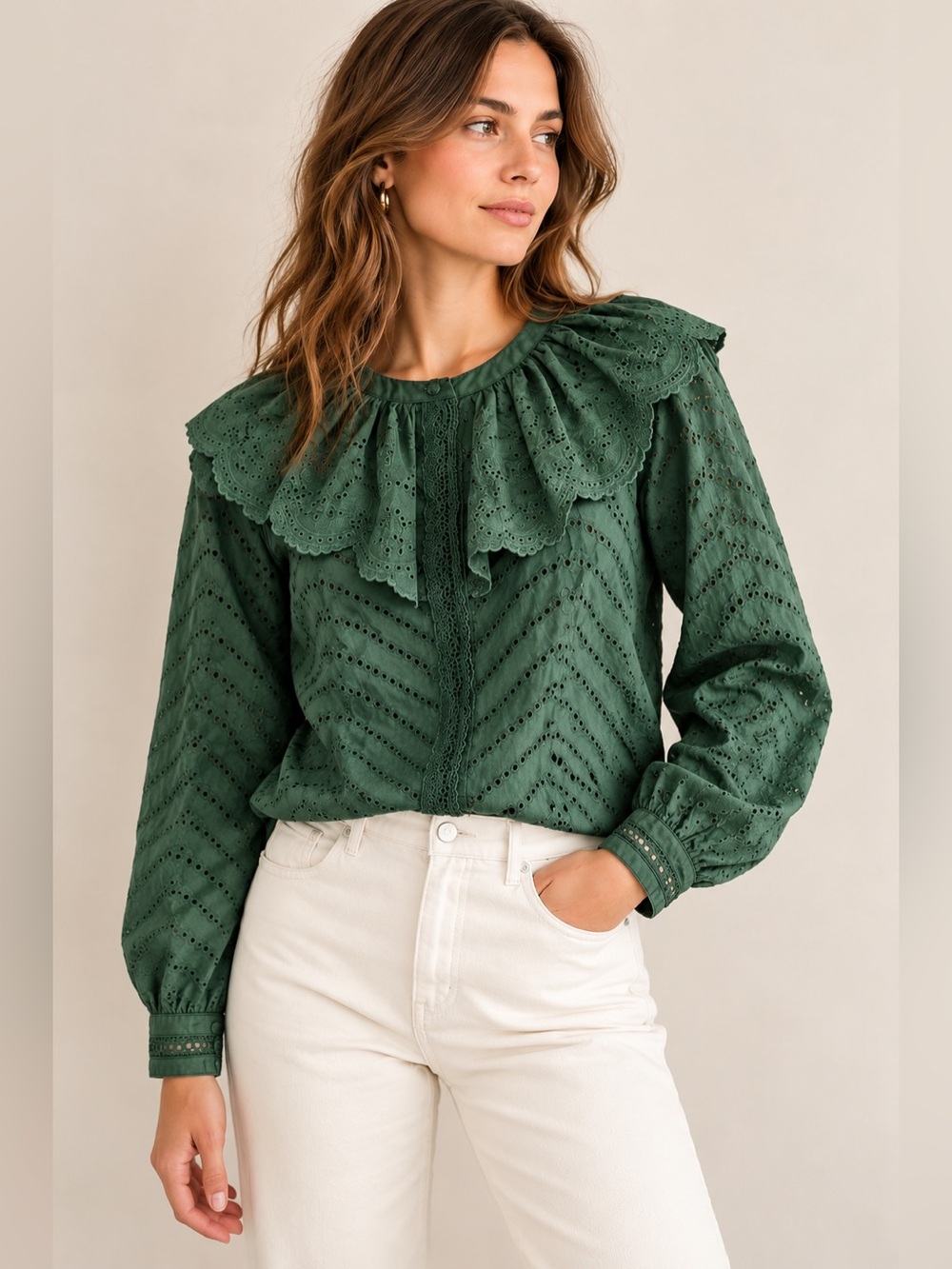 Tuckernuck Caroline Constas Forest Green Eyelet Ruffle Collar Blouse
